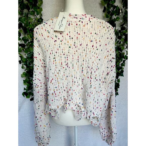 Morgan Claire White & Multicolor Distressed Open Knit Sweater Women's Medium NWT - Picture 5 of 10
